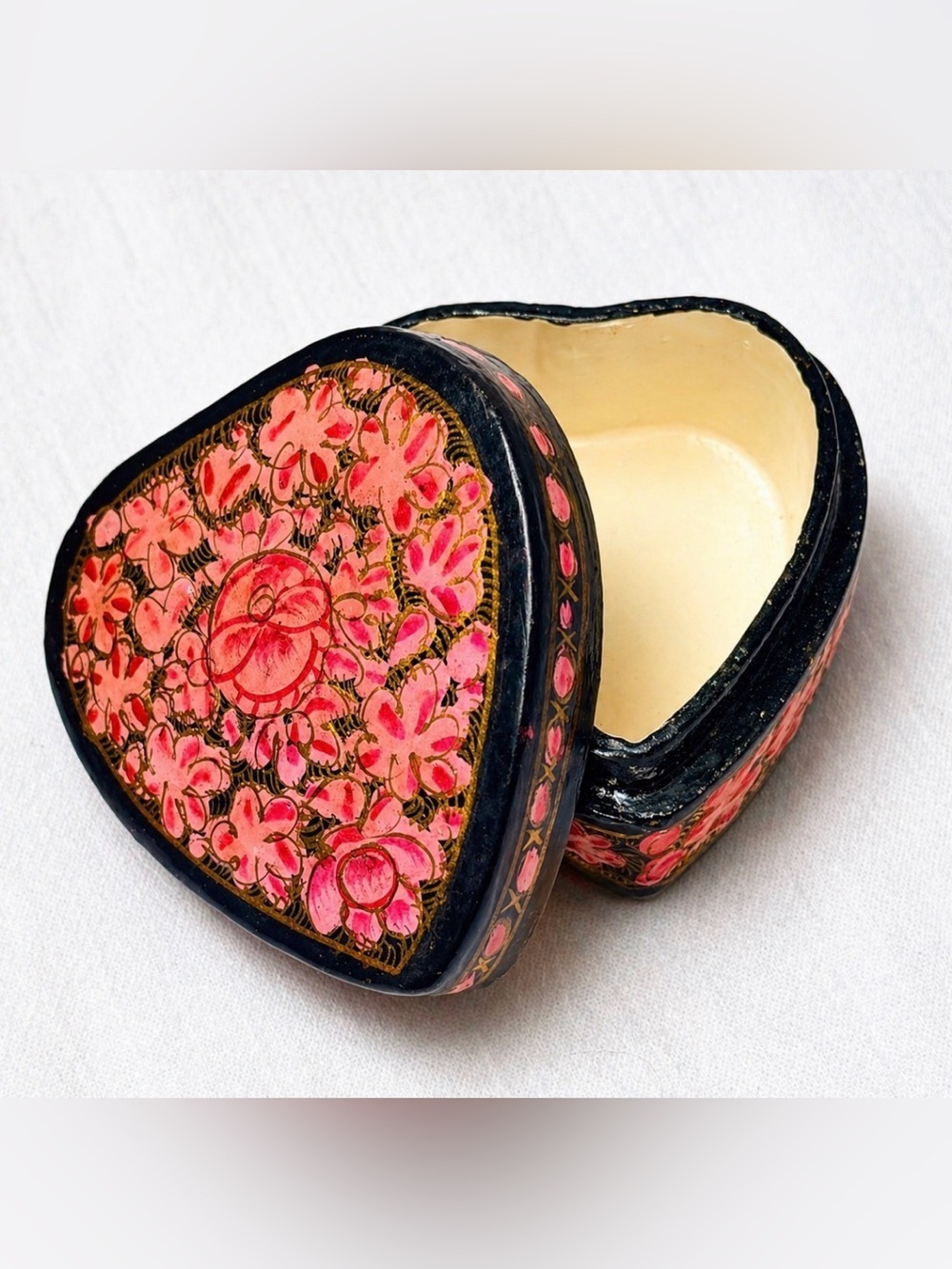 Vintage Hand-Painted Floral Heart Trinket Box in Pink and Black